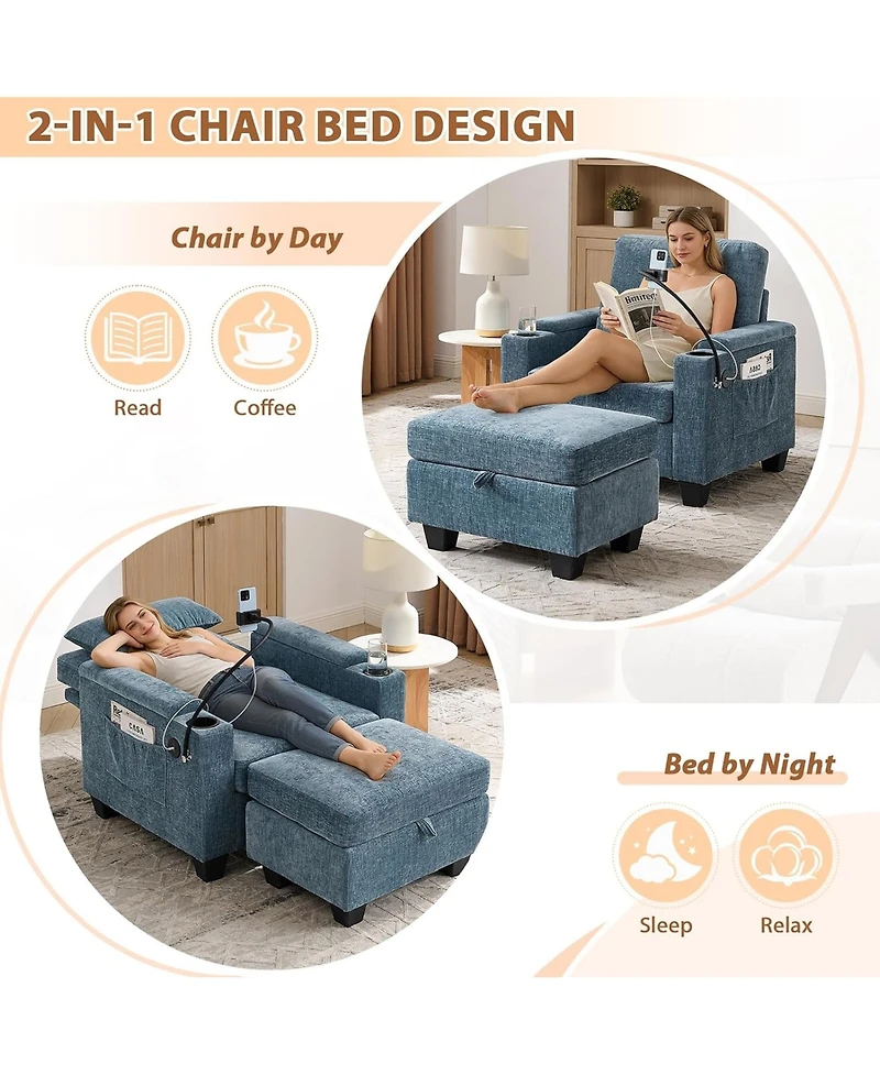 Rainsken Modern Accent Chair Ottoman Set, Multi-Functional Convertible Chaise Sleeper Bed Featuring Usb Charging and Phone Holder for Living Room