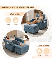 Rainsken Modern Accent Chair Ottoman Set, Multi-Functional Convertible Chaise Sleeper Bed Featuring Usb Charging and Phone Holder for Living Room