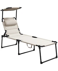 ECHTPeak Outdoor Lounge Chair, Adjustable Backrest Folding Chaise Lounge, Cushioned Tanning Chair w/Sunshade Roof and Pillow Headrest