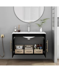 Sillysis Wall Mounted Bathroom Vanity with Sink, Double Doors, Soft Close Hinges, Modern Glossy Cabinet for Small Spaces
