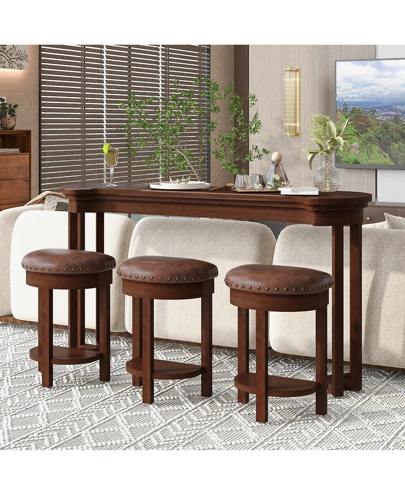 Rainsken 60'' Bar Table and Chairs Set - with 3 Pu Upholstered Stools, Solid Wood Counter Height Dining for Living Room