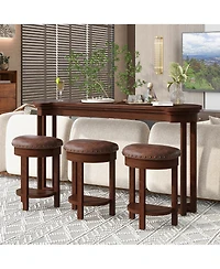 Rainsken 60'' Bar Table and Chairs Set - with 3 Pu Upholstered Stools, Solid Wood Counter Height Dining for Living Room