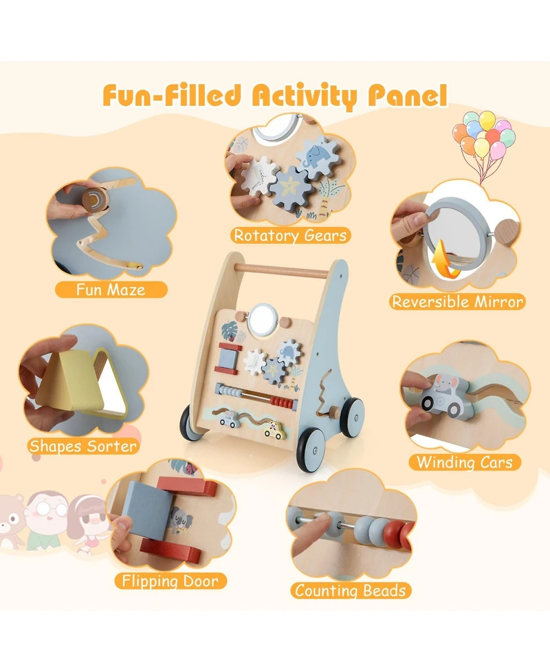 Slickblue Wooden Baby Push and Pull Walker with Learning Activity Center Toy