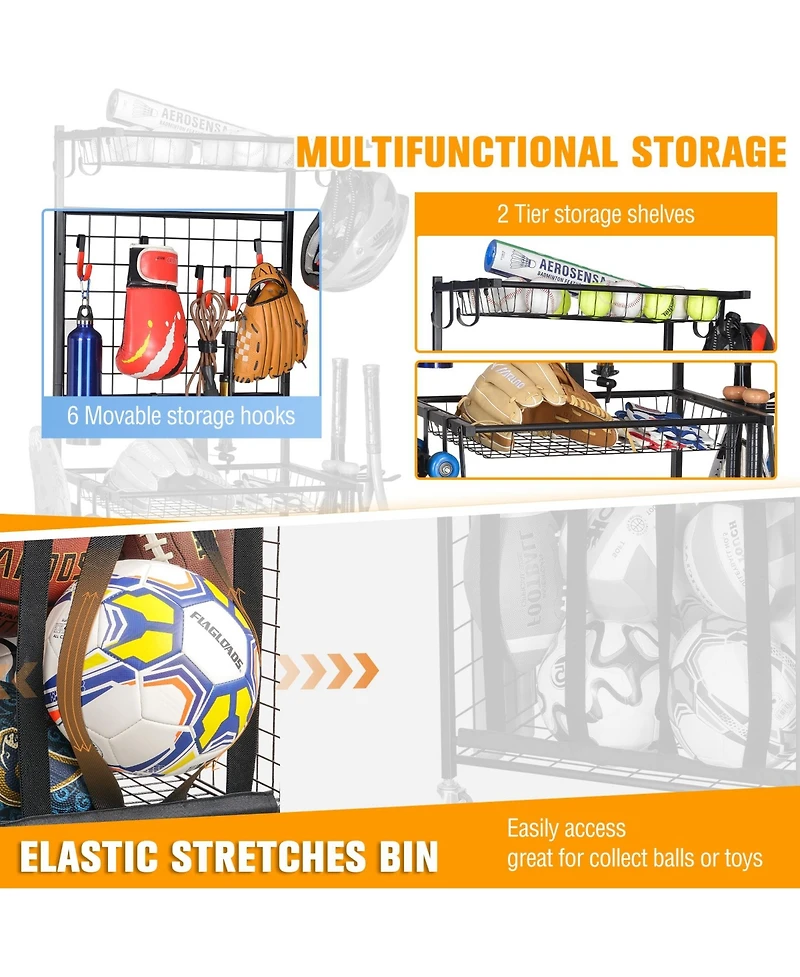 Mythinglogic Rolling Sports Equipment Organizer with Ball Bin, Hooks and Shelves