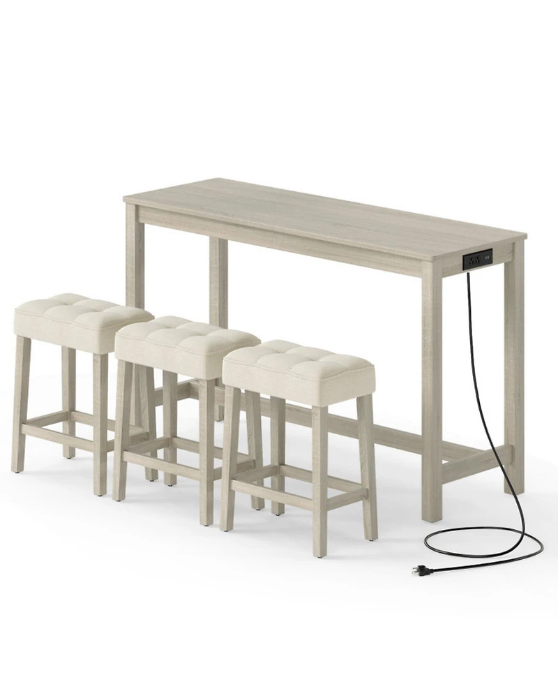 Gouun 4-Piece Counter Height Bar Table Set with 3 Upholstered Stools and Charging Station