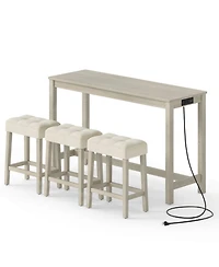 Gouun 4-Piece Counter Height Bar Table Set with 3 Upholstered Stools and Charging Station
