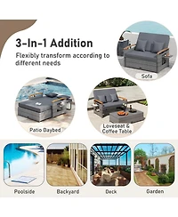 Gouun 3-in-1 Outdoor Wicker Daybed with Adjustable Backrest and Storage Ottoman, 66 in Wide