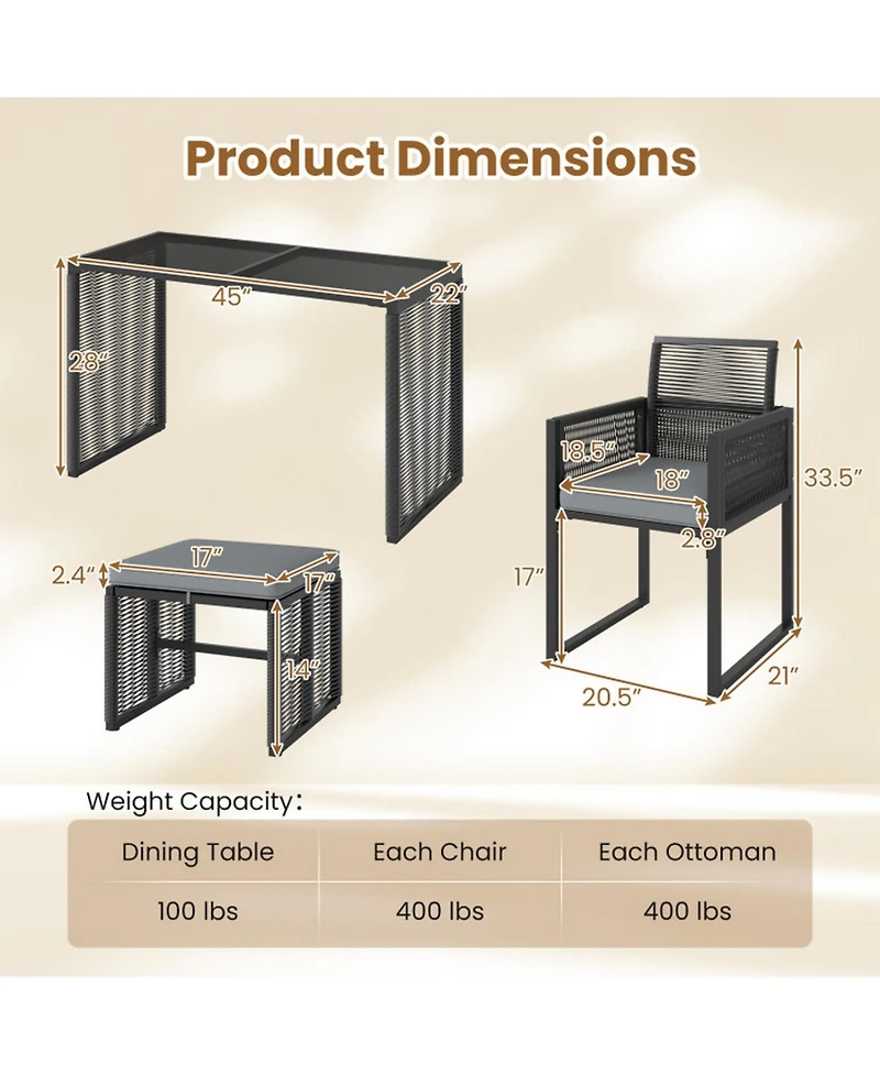 Gouun 5-Piece Outdoor Pe Rattan Patio Dining Set with Removable Cushioned Chairs and Ottomans