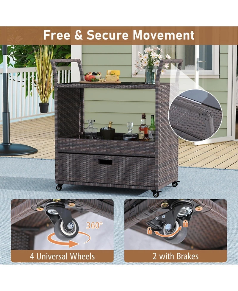 Gouun Wicker Outdoor Bar Cart with Tempered Glass Top, Drawer, and Rolling Wheels