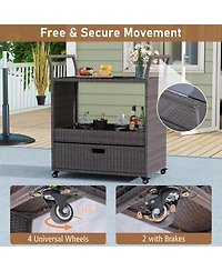 Gouun Wicker Outdoor Bar Cart with Tempered Glass Top, Drawer, and Rolling Wheels