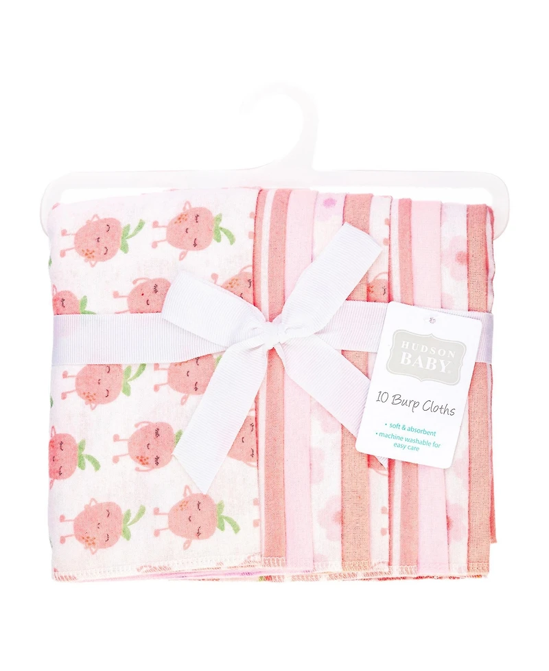 Hudson Baby Girl Cotton Poly Flannel Burp Cloths 10-Pack, Happy Strawberries, One Size