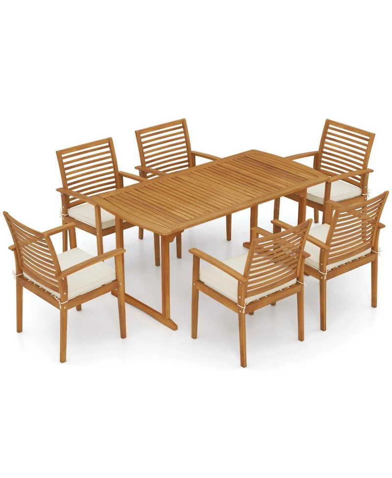 Gouun 7 Piece Acacia Wood Patio Dining Set with Slatted Table and 6 Cushioned Armchairs
