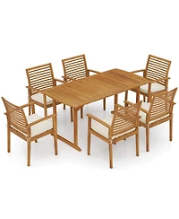 Gouun 7 Piece Acacia Wood Patio Dining Set with Slatted Table and 6 Cushioned Armchairs