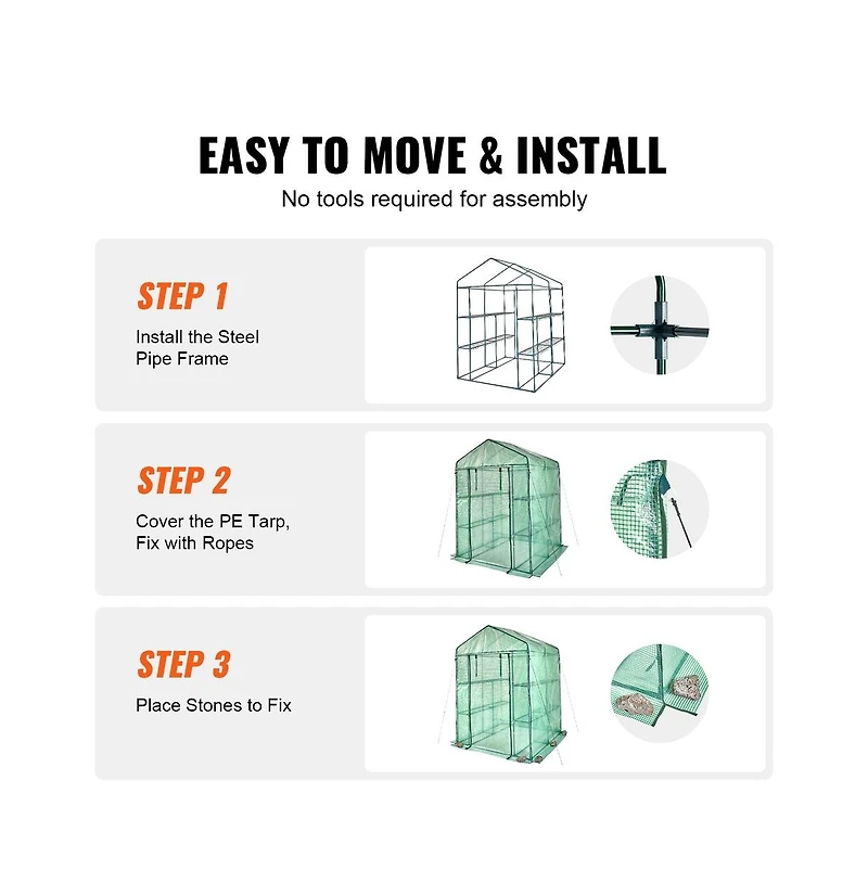 Sugift 4.6 x 4.6 x 6.6 ft Walk In Greenhouse with Shelves Pe Cover Steel Frame Zippered Door