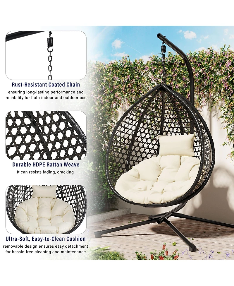 Rainsken Egg Hanging Chair, Foldable Pe Rattan Hammock Swing Chair with Soft Removable Cushion, 330 lbs Capacity for Balcony and Garden