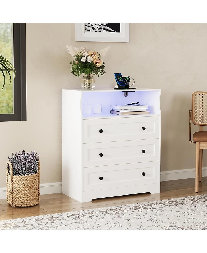 gaomon 3 Drawer Tall Dresser for Bedroom with Led Lights, Wood Dresser with Charging Station for Closet, Wooden Nightstand for Bedside