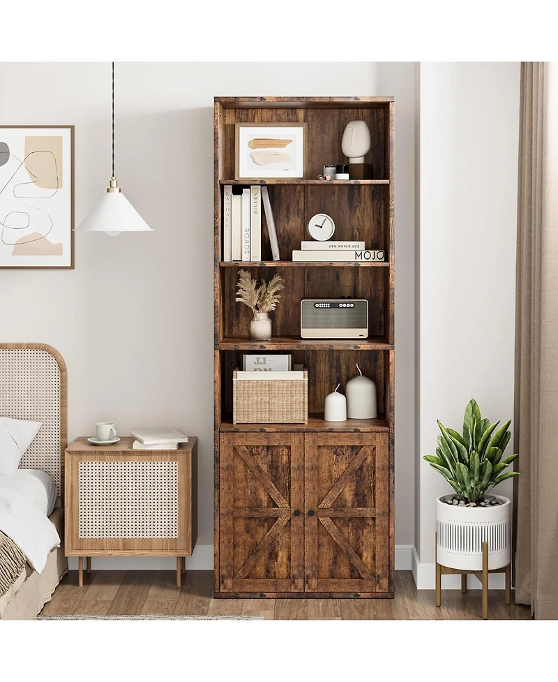 gaomon Tall Bookcase with Doors, 4-Tier Wooden Bookshelf, Floor Standing Wooden Display Bookcase with Double Doors and 4 Open Shelves, Ideal for Home