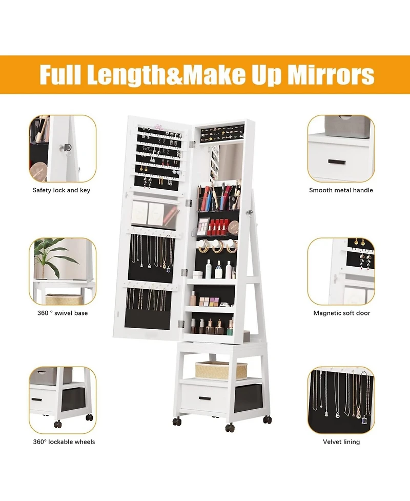 gaomon Jewellery Cabinet Jewellery Organiser With 360degree(s) Swivel Body Full Length Mirror With Locking Cabinet
