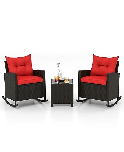 Gymax Set of 3 Wicker Rocking Set w/ Tempered Glass Table Patio Outdoor