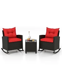 Gymax Set of 3 Wicker Rocking Set w/ Tempered Glass Table Patio Outdoor