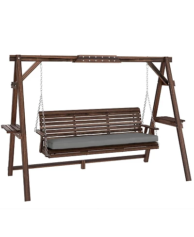 Outsunny 3 Seat Porch Swing with Cushion and Side Trays