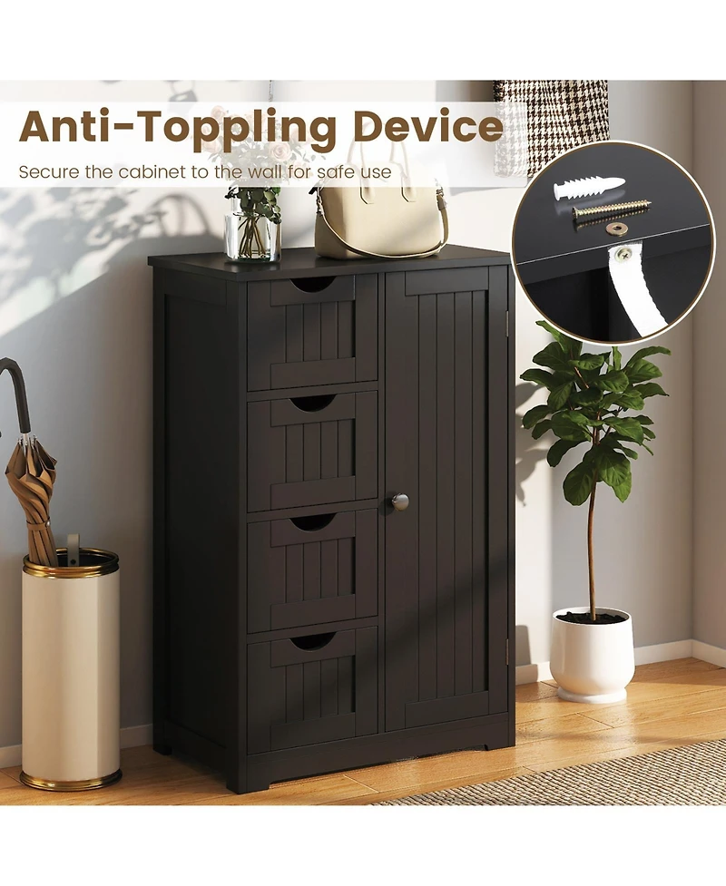 Gymax Bathroom Floor Cabinet Storage Organizer Cupboard w/ 4 Drawers Adjustable Shelf