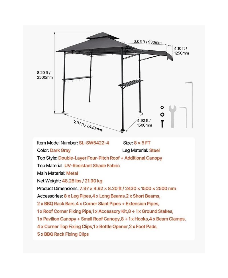 Sugift 8 x 5 ft Bbq Grill Gazebo Double Tiered Top Powder Coated Steel Shelter with Side Shelves