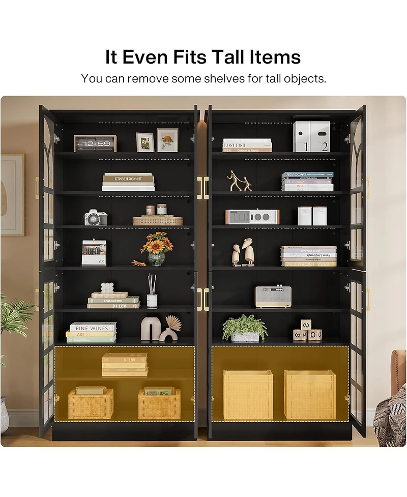 Tribesigns 8-Tier Bookshelf with Doors and Led Lights Set of 2, 68.9" Tall Bookcase with Adjustable Shelves, Modern Wooden Display Cabinet