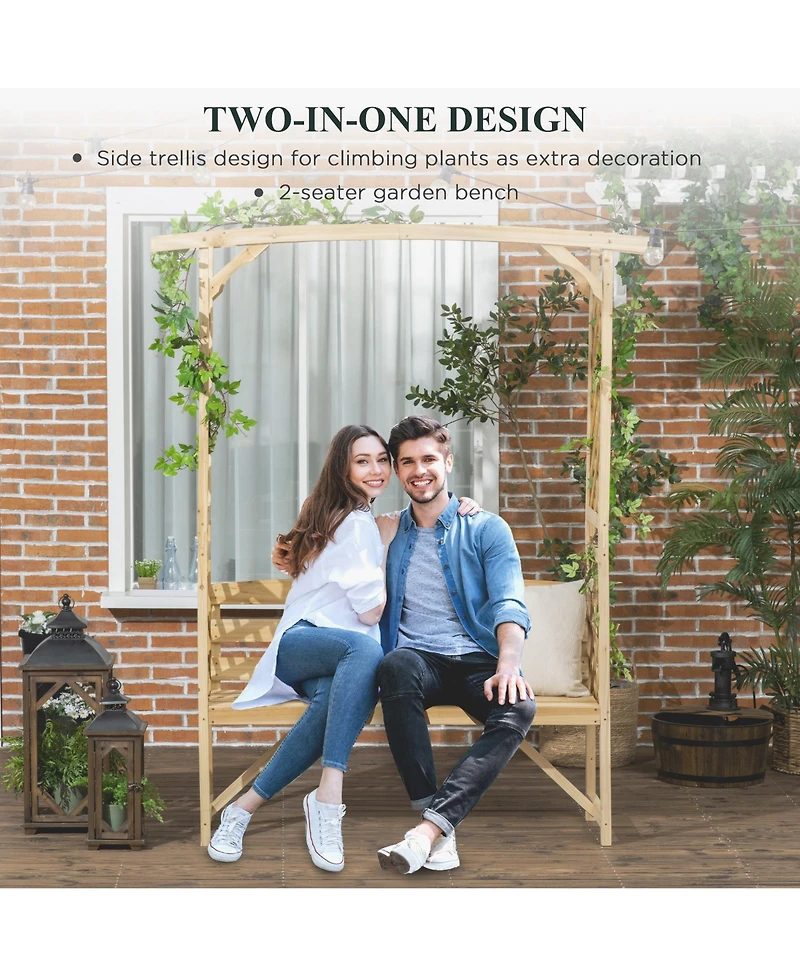 Outsunny Patio Garden Bench Arbor Arch with Pergola and 2 Trellises, 3 Seat Natural Wooden Outdoor Bench for Grape Vines & Climbing Plants, Backyard D