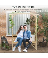 Outsunny Patio Garden Bench Arbor Arch with Pergola and 2 Trellises, 3 Seat Natural Wooden Outdoor Bench for Grape Vines & Climbing Plants, Backyard D