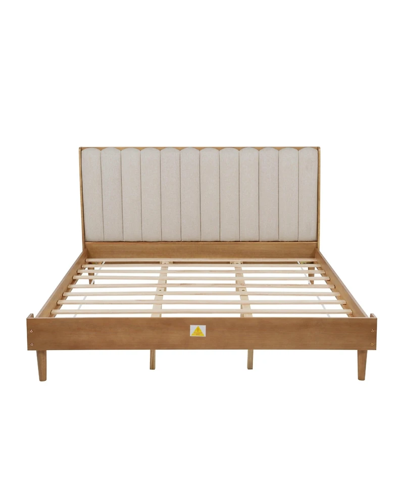 Sailvan Wood Bed with Piano Key Style Upholstered Headboard, Wood Bed with Strengthened Bed Frame