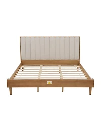 Sailvan Wood Bed with Piano Key Style Upholstered Headboard, Wood Bed with Strengthened Bed Frame