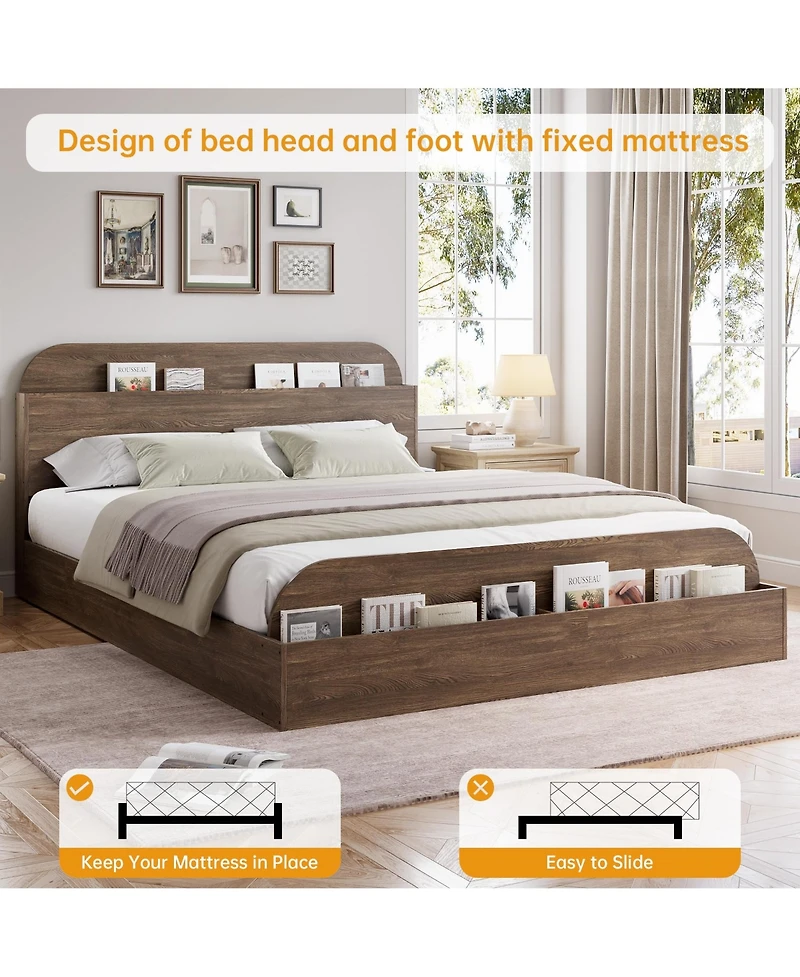 Homfan Wooden Beds with Storage Headboard and Raised-Foodboard, Twin-Floor Low Platform Bed for Bedroom