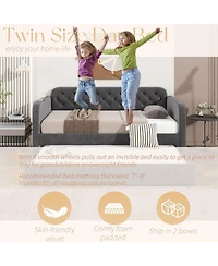 Rainsken Daybed with Trundle,Velvet Upholstered Day Bed with Usb Charging Design, No Box Spring Needed for Bedroom, Living Room