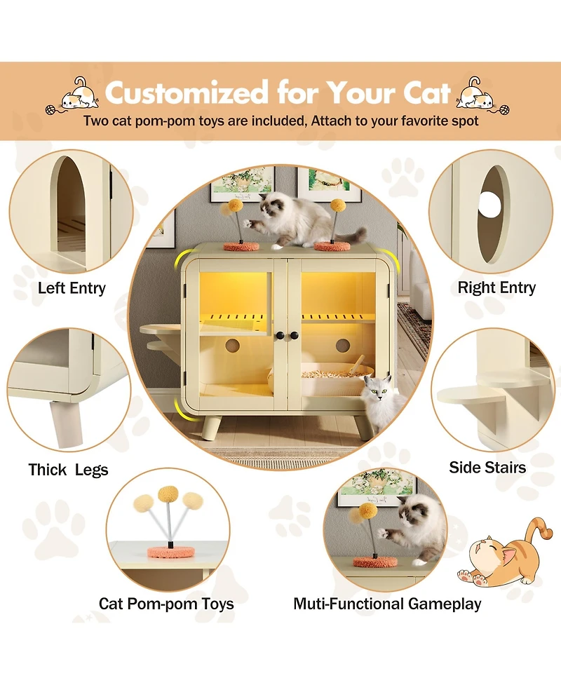Zeus & Ruta Cat Hidden Litter Box Enclosure, Washroom Cabinet with Leak Walkway and Glass Doors for Better View