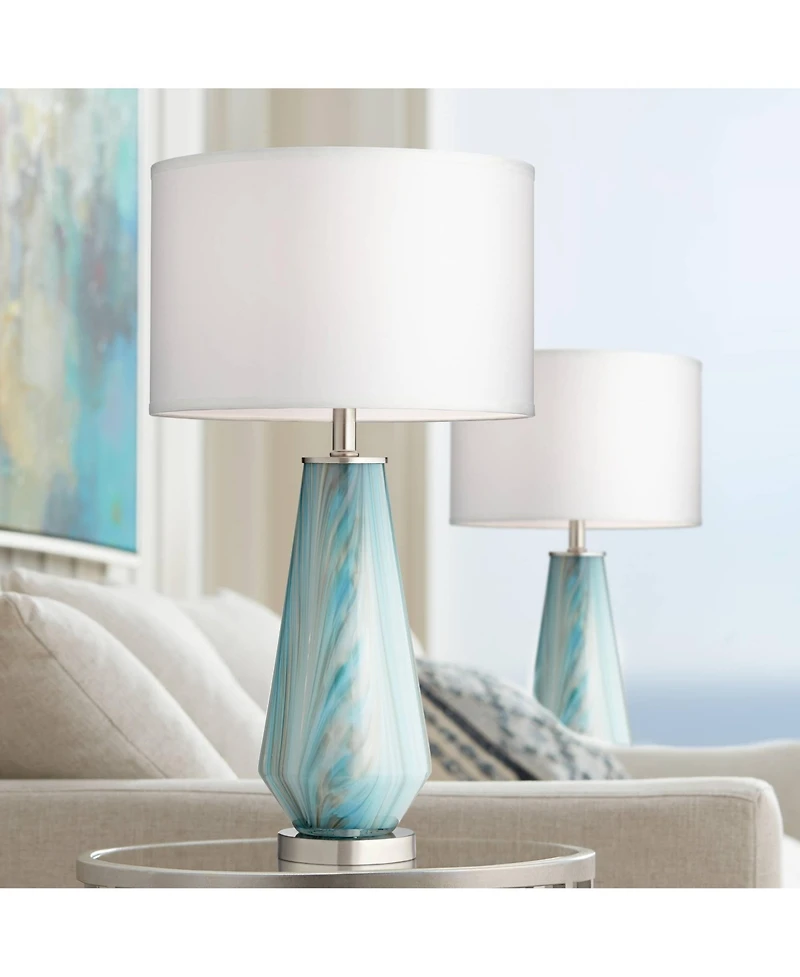 Possini Euro Design Jaime Modern Table Lamps 26" High Set of 2 Art Glass Fabric Drum Shade for Bedroom Living Room Bedside Nightstand