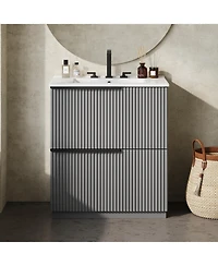 Busdays 30 Inch Bathroom Vanity with Ceramic Sink Full Extension Drawers Soft Close Slides Fluted Design Freestanding Storage Cabinet