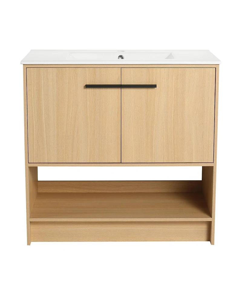 Sillysis Freestanding Bathroom Vanity with Ceramic Sink, Open Storage Shelf, 2 Soft Closing Doors