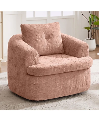 Rainsken 360degree(s) Swivel Barrel Accent Chair, Chenille Fabric Sofa Chair with Dual-Layer Cushion, 36.6" Round Swivel Chair for Living Room