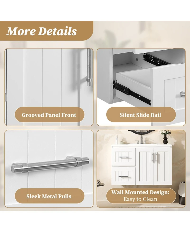 Sillysis 36 Inch Wall Mounted Bathroom Vanity with Ceramic Sink, Soft Close Drawers and Adjustable Shelf for Modern Small Spaces