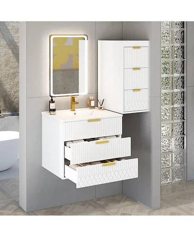 Sillysis Bathroom Vanity with Side Storage Cabinet, Wall Mounted Ceramic Sink and Soft Close Drawers for Small Spaces-Sillysis