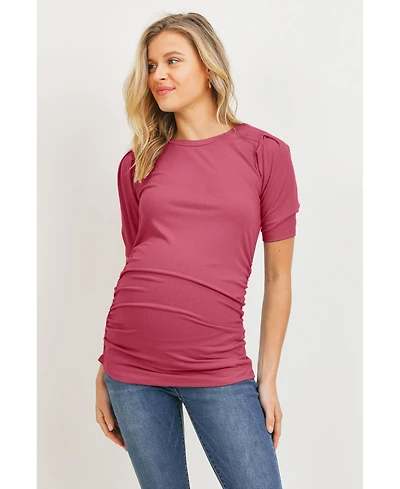 Hello Miz Maternity Ribbed Ruched Short Sleeve Puff Top