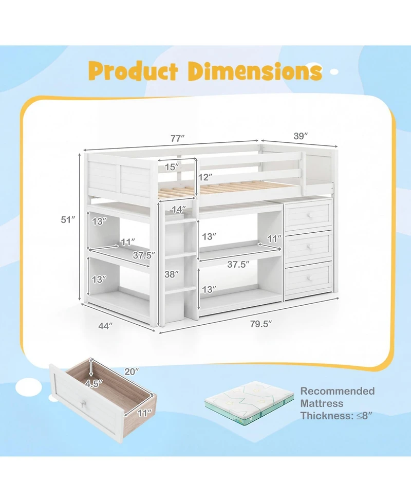 Slickblue Loft Bed for Kids with Led Lighting and Spacious Under Area Study or Play