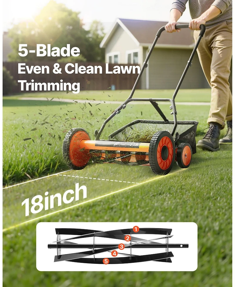 Mecale 18inch Push Reel Lawn Mower, 5-Blade Manual Mower, Adjustable Cutting Height, Includes Grass Catcher Bag