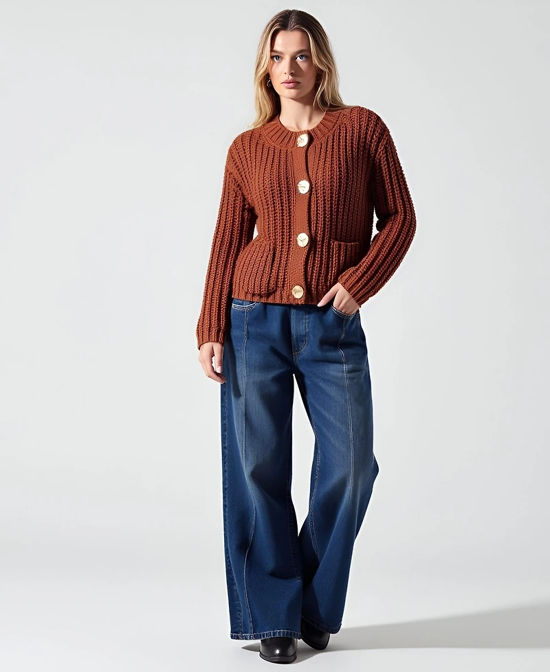 Modenaire Women's Chunky Ribbed Cardigan with Buttons