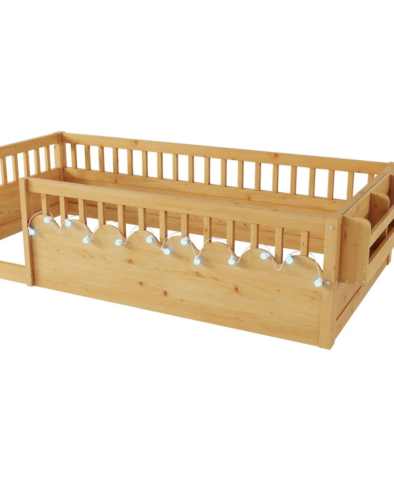 Rainsken Montessori Floor Bed with Storage Shelf and Light, No Slats Included
