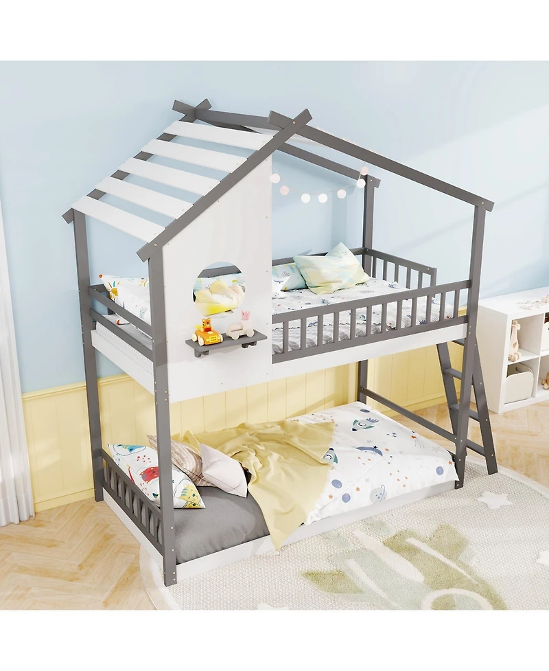 Slickblue Kids House Bunk Bed Twin Over Twin with Roof and Safety Rails