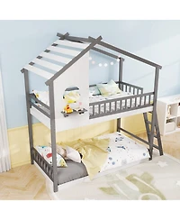 Slickblue Kids House Bunk Bed Twin Over Twin with Roof and Safety Rails