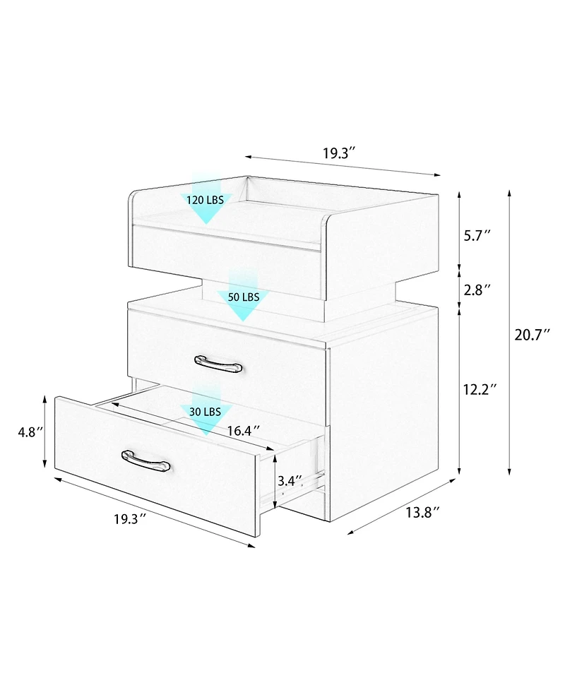 Rainsken Nightstand with Adjustable Led Strip Light, Bedside Table with 2 Drawers, Flip Top Hidden Storage, High Gloss Wood End Table for Bedroom