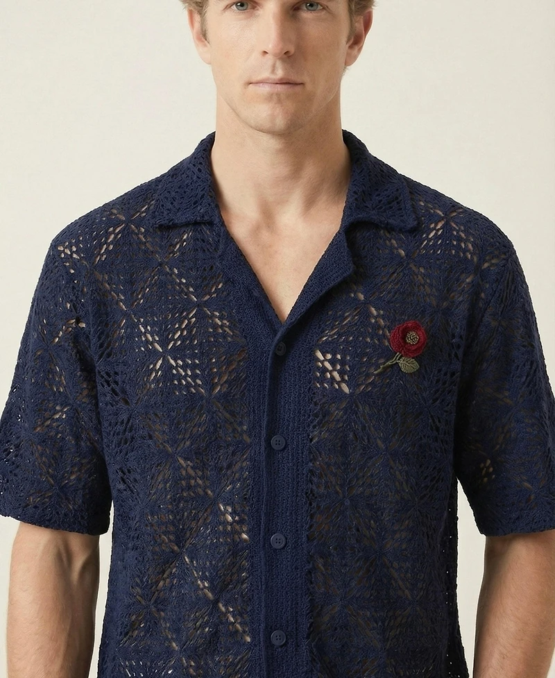 Modenaire Men's Open-Knit Short-Sleeve Embroidered Shirt